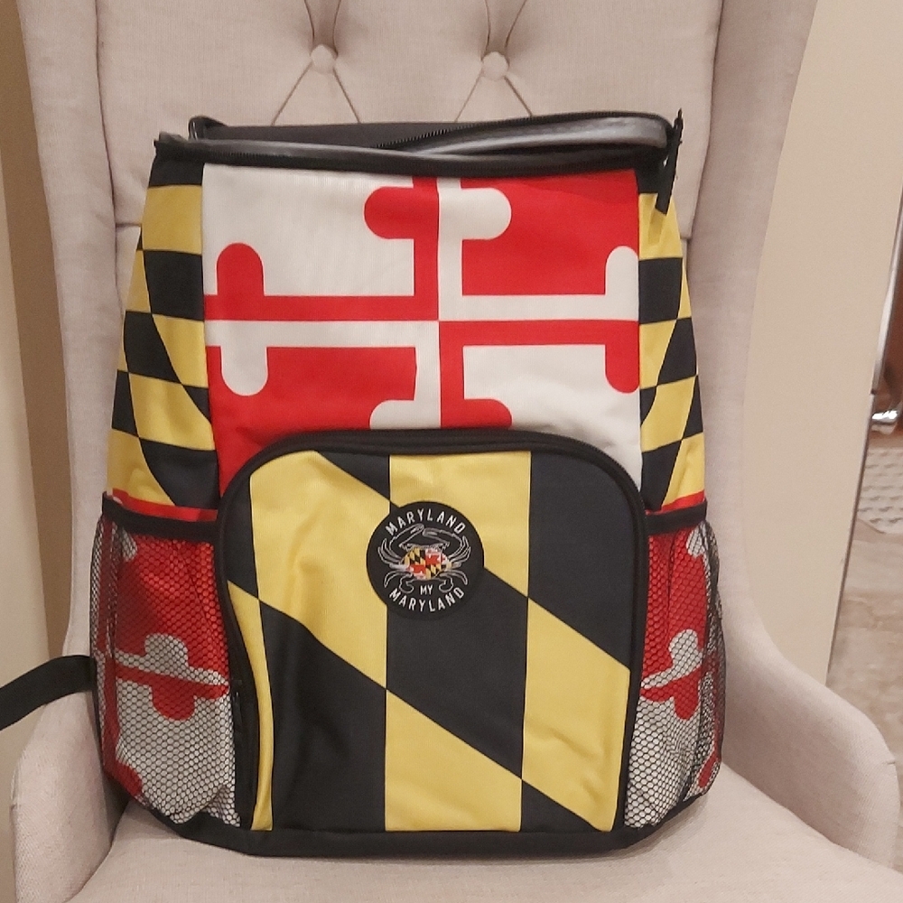 MARYLAND FLAG Vibrant Red and Yellow Backpack with Geometric Flair
